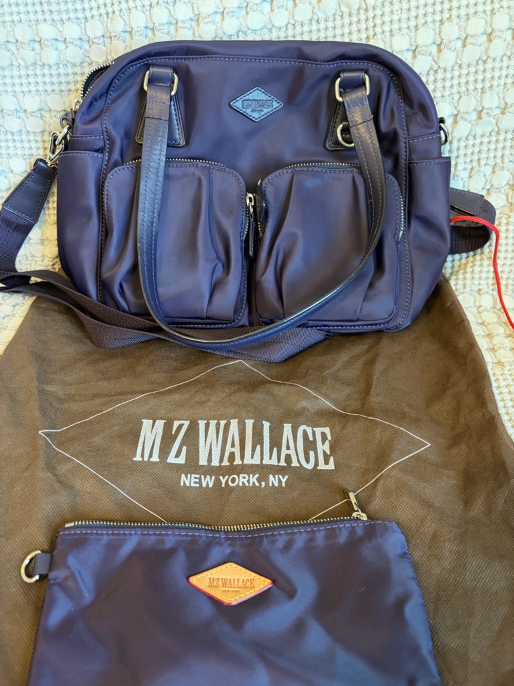 GUC MZ Wallace “Roxy” shoulder bag with Bedford fabric in purple.